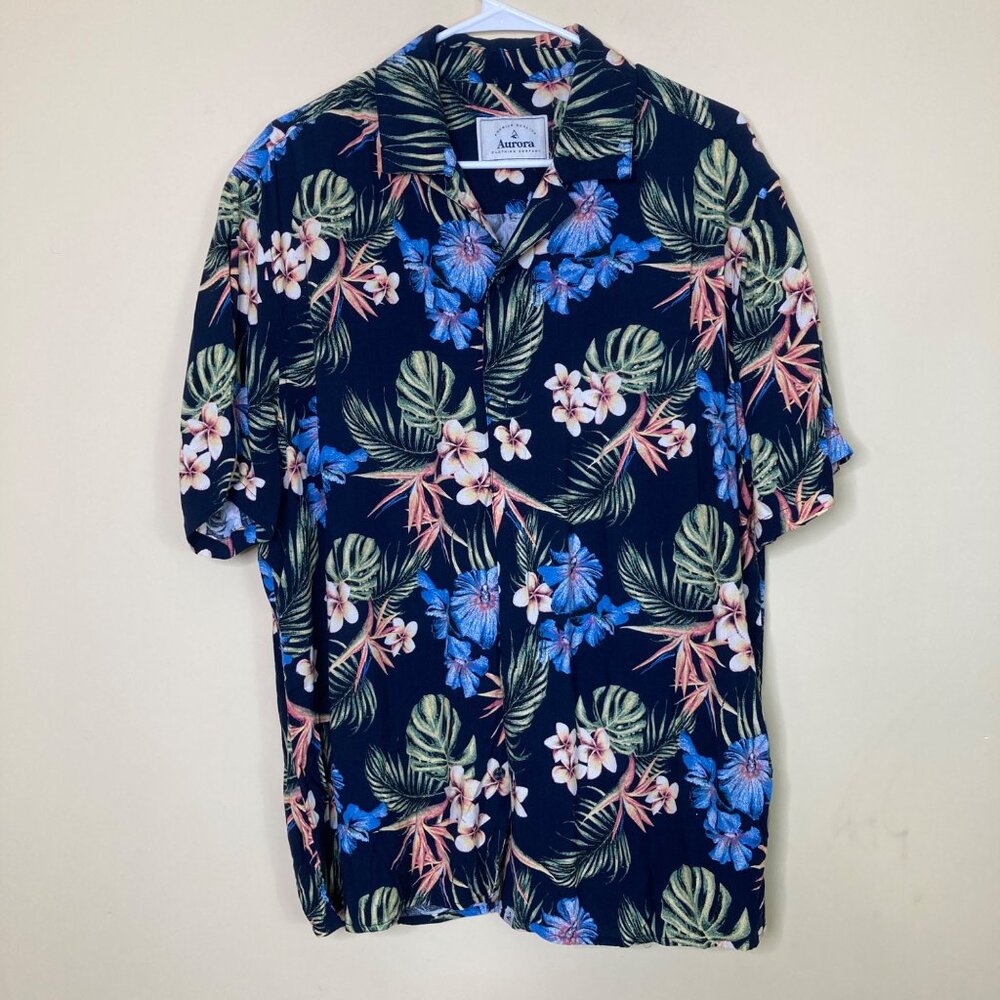 Aurora Hawaiian Shirt Mens Large Floral Button Down Navy Blue Rayon